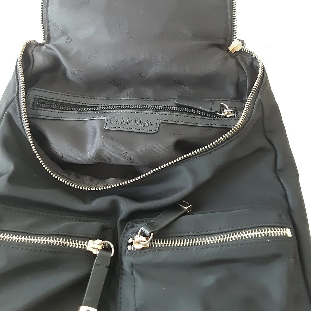 CALVIN KLEIN Gold-Silver Flap Accent Nylon Faux Leather Handbag Backpack